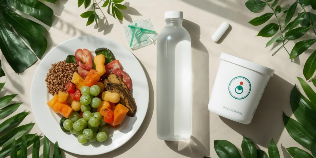 "A soothing green-themed composition with a plate of food next to a metformin pill, a large water bottle, a probiotic yogurt cup, and a stylized doctor's icon"